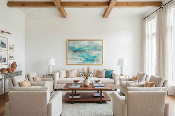 Modern living room with beige furniture, a coffee table, and decorative items.