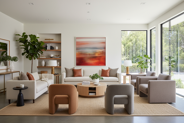 Modern living room with white sofa, gray chairs, and a colorful abstract painting.
